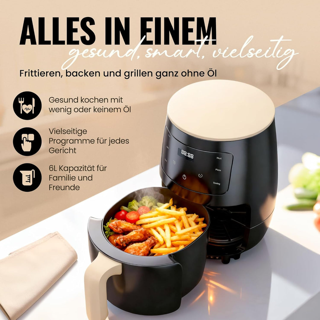 Heissluftfritteuse - 6 L kompakte Heissluftfritteuse für schnelle Mahlzeiten, Touch Controls, Airfry