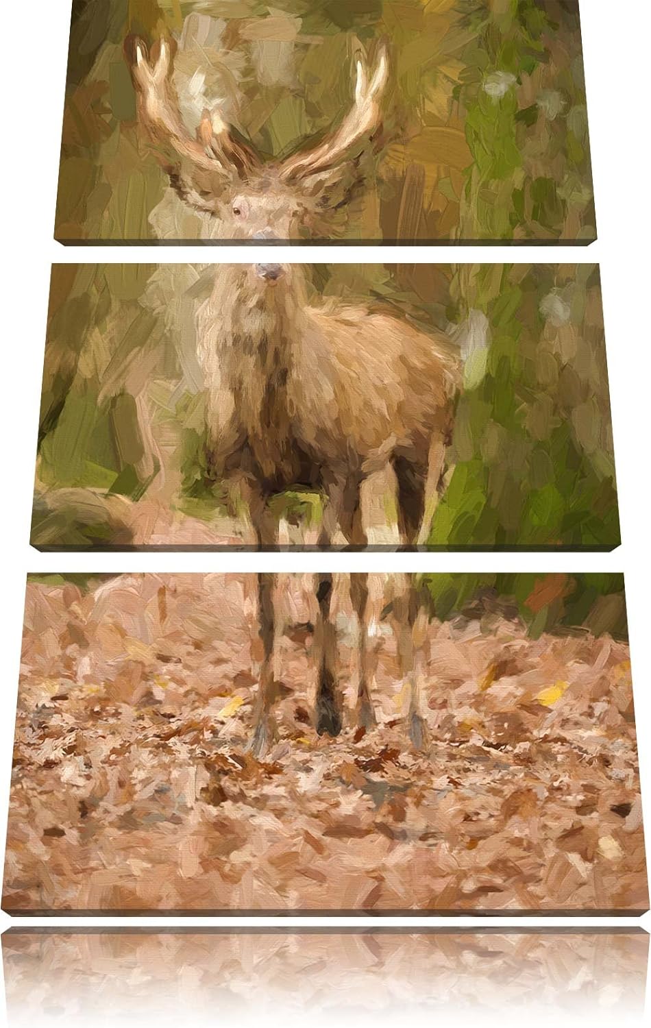 Pixxprint Schöner Hirsch im Wald Pinsel Effekt 3-Teiler Leinwandbild 120x80 Bild auf Leinwand
