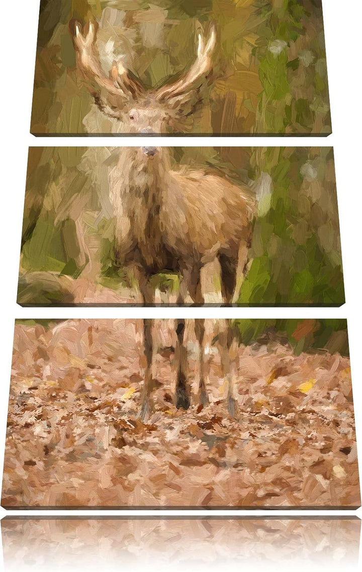 Pixxprint Schöner Hirsch im Wald Pinsel Effekt 3-Teiler Leinwandbild 120x80 Bild auf Leinwand