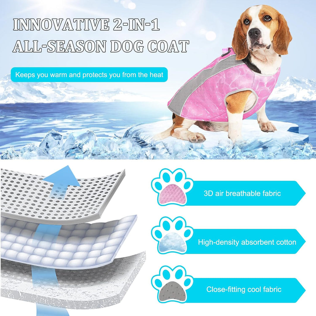 Doppelfunktion Hundemantel Winter Hundejacke & Sommer Hund Kühlweste mit Geschirr D-Schnalle, kaltes