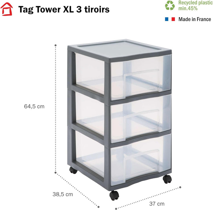 Sundis grosse Kommode auf Rädern TAG TOWER - 3 XL-Schubladen mit Etikettenhalter, Grau H 64,5 cm / 3