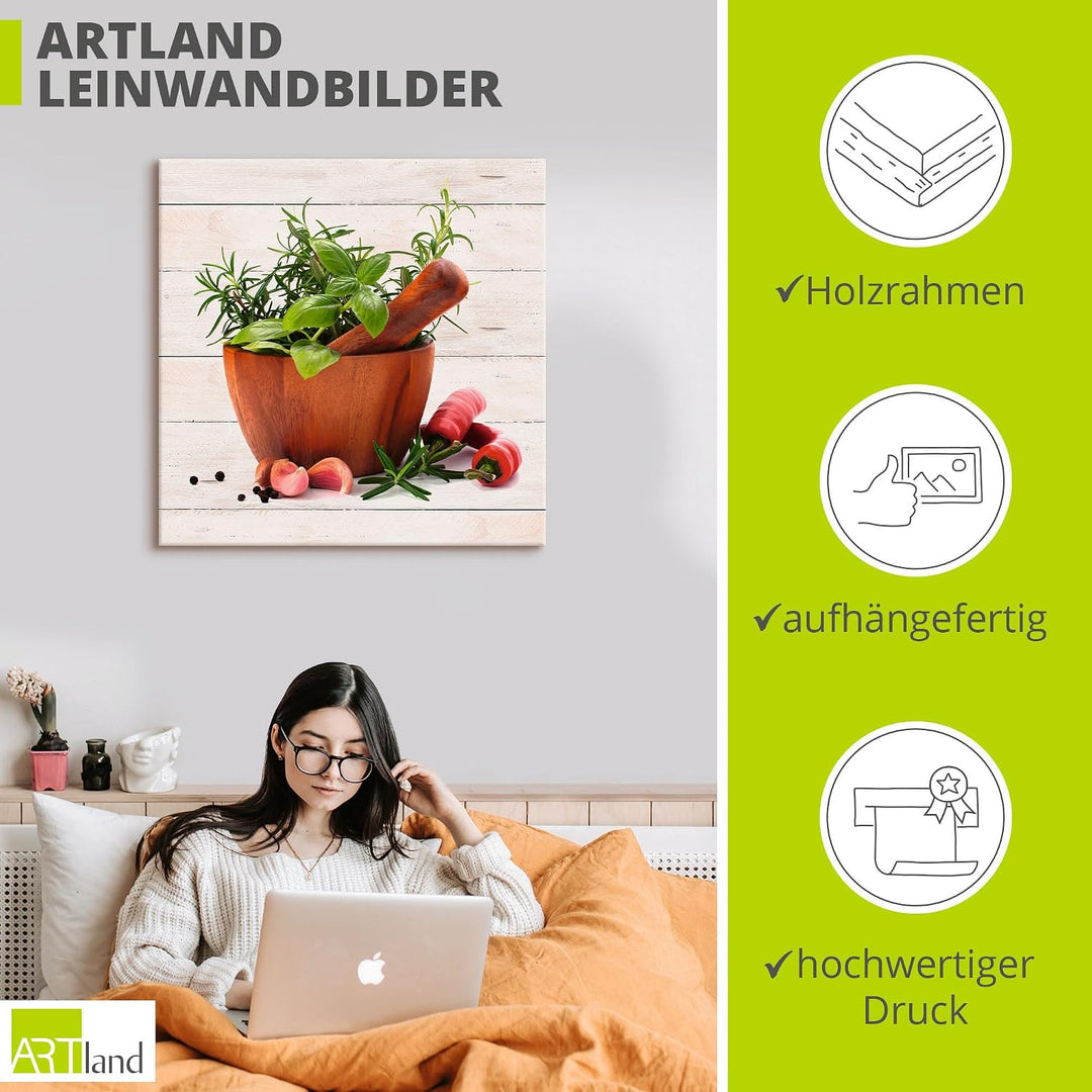ARTland Leinwandbilder Wandbild Bild auf Leinwand 40x40 cm Stillleben Kräuter Gewürze Chili Mörser H