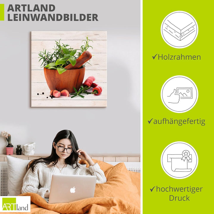 ARTland Leinwandbilder Wandbild Bild auf Leinwand 40x40 cm Stillleben Kräuter Gewürze Chili Mörser H