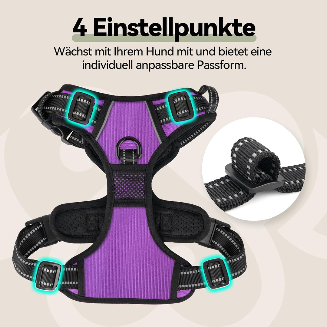 PHOEPET Hundegeschirr Grosse Hunde, Anti Zug, Einfach Anzulegen,Lila,XL | No Pull,Verstellbar, mit G