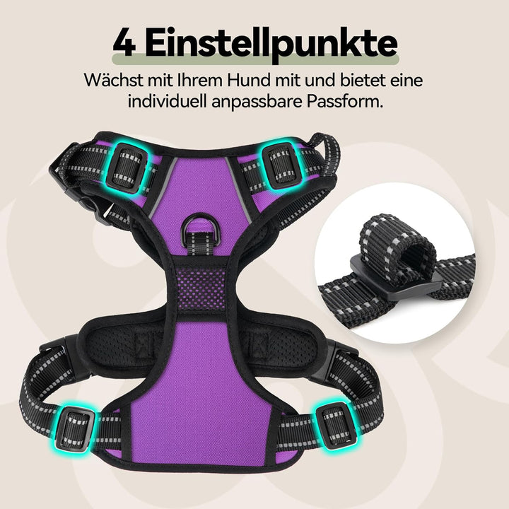 PHOEPET Hundegeschirr Grosse Hunde, Anti Zug, Einfach Anzulegen,Lila,XL | No Pull,Verstellbar, mit G