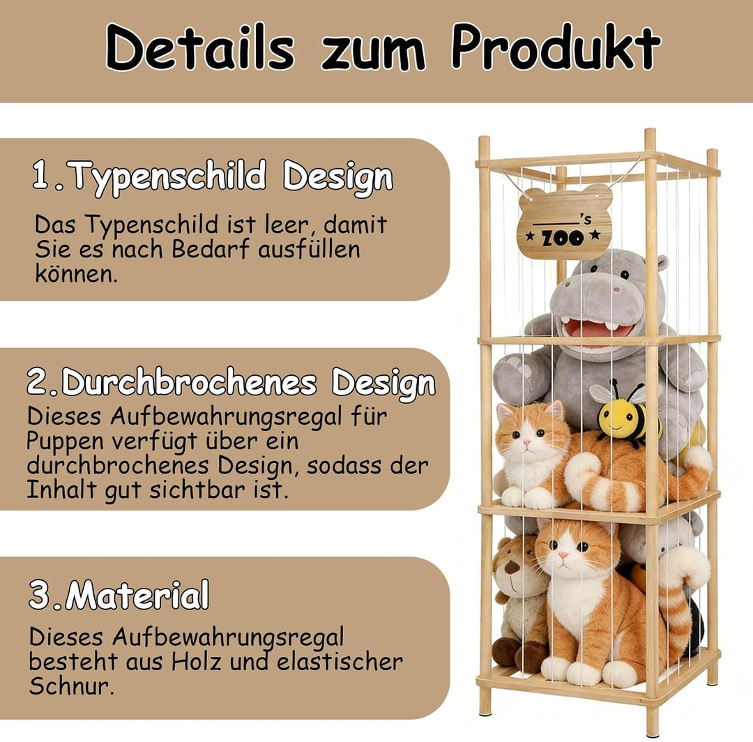 Kuscheltier Aufbewahrung Holz, 136 x 40 x 40 cm Stofftier Aufbewahrung Regal Kuscheltiere mit Elasti