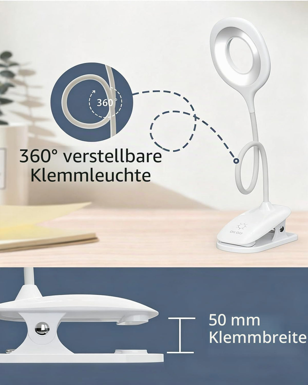 Klemmlampe Bett, LED Leselampe Bett Touch Dimmbar 3 Farben Bettlampe Klemmleuchte Augenschutz Schwan