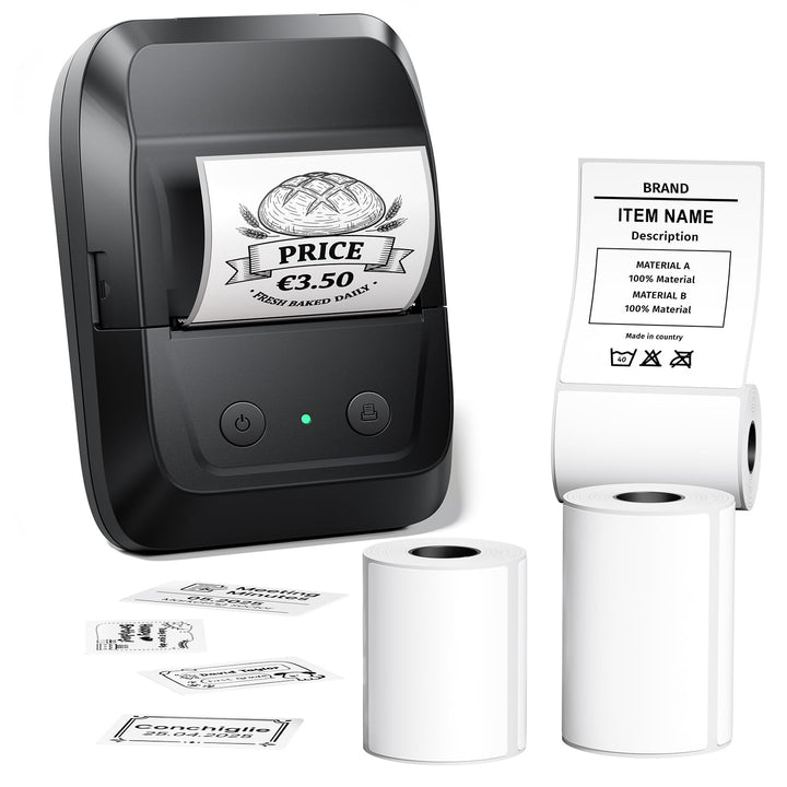 Memoking Bluetooth Etikettendrucker mit 3 Etiketten, Tragbarer Etikettendrucker Selbstklebend mit 30