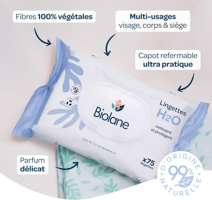 BIOLANE - Babytücher mit Wasser – 450 Tücher – 6 x 75 Stück – sanfte und effektive Reinigung – ab de