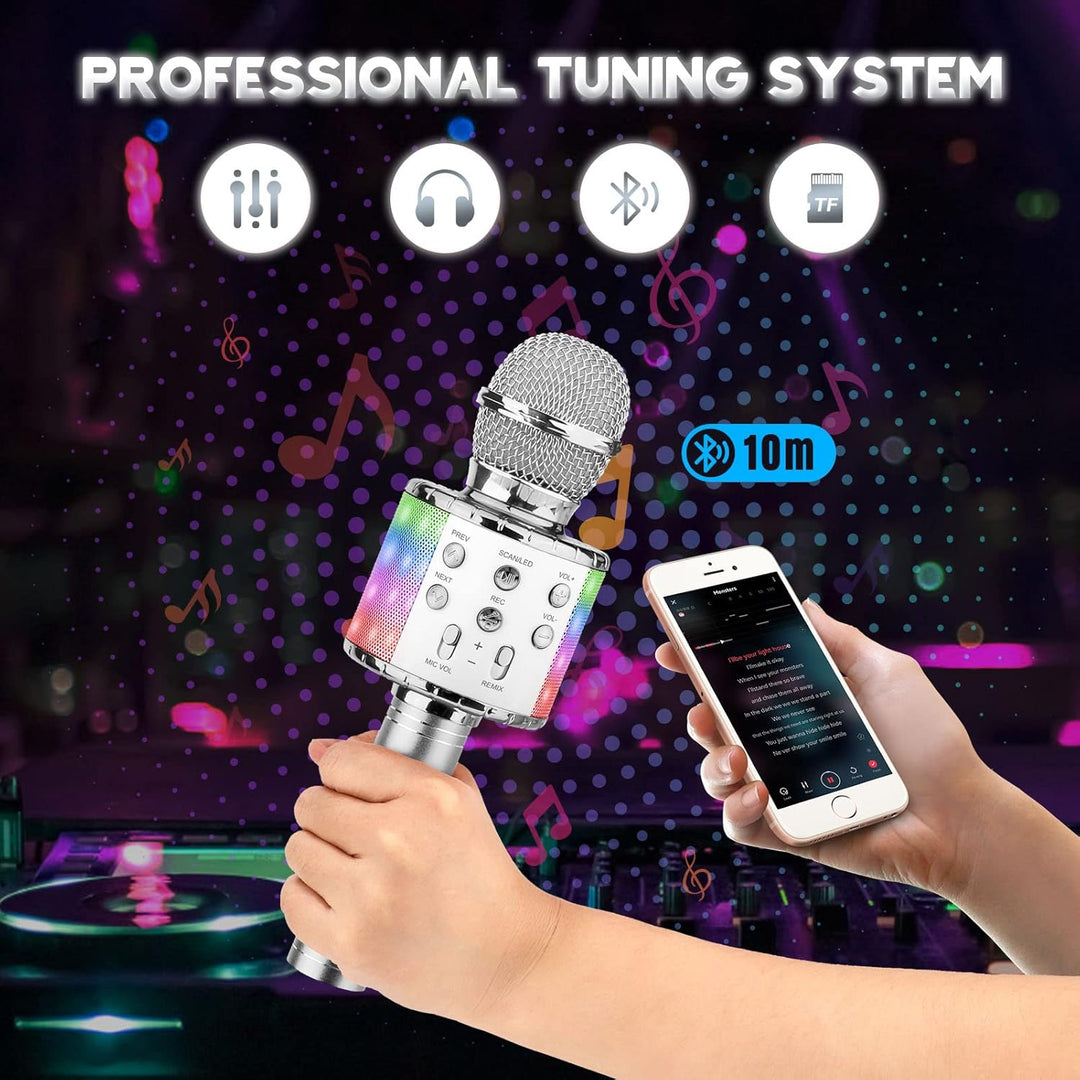 ShinePick Mikrofon Kinder Bluetooth, 4-in-1 Drahtloses Karaoke Mikrofon, Tragbare LED Microphone Spi