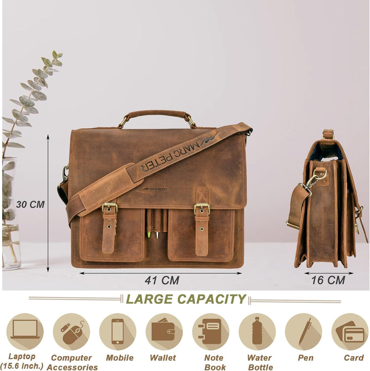 Marc Peter Amsterdam Aktentasche Leder XL Lehrertasche mit Laptopfach 15,6 Zoll grosse Ledertasche z
