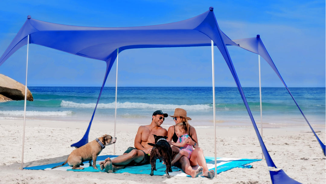 SUN NINJA Strandzelt, Sonnensegel LSF 50+, mit Sandschaufel, Heringen und Stabilitätsstangen, Schatt