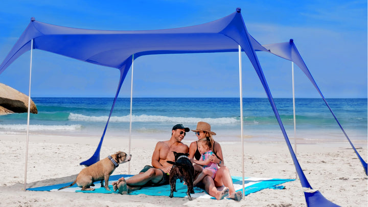 SUN NINJA Strandzelt, Sonnensegel LSF 50+, mit Sandschaufel, Heringen und Stabilitätsstangen, Schatt