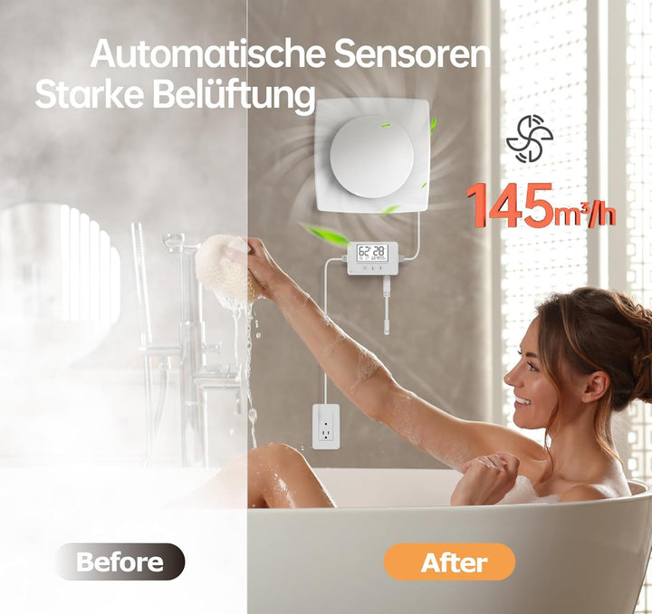 SBONNI Badlüfter mit Feuchtigkeitssensor Temperatursensor Timer - 3 Stufen WC Lüfter 100mm mit Fernb