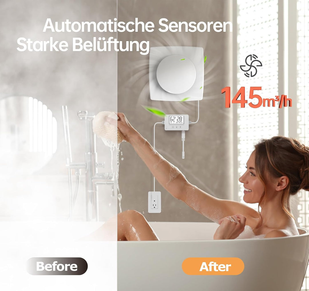 SBONNI Badlüfter mit Feuchtigkeitssensor Temperatursensor Timer - 3 Stufen WC Lüfter 100mm mit Fernb