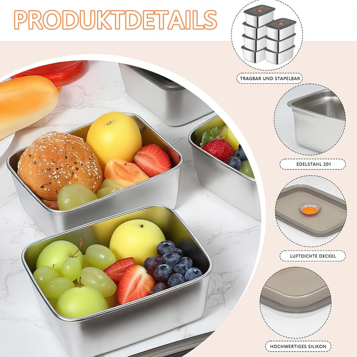 10 Stück Edelstahl Frischhaltedosen mit Silikondeckel, 1500 ml Meal Prep Boxen, Stapelbare Metall-Le
