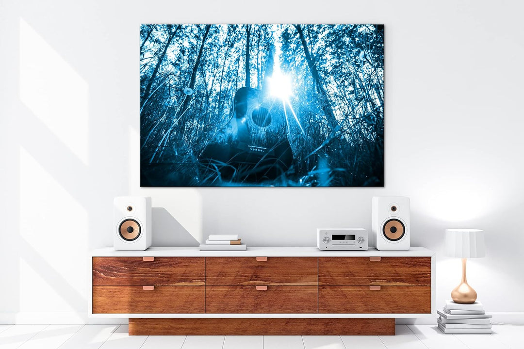 deyoli akustische Gitarre im idyllischen Wald Format 60x40 Effekt: Monocrome Blau als Leinwandbild,