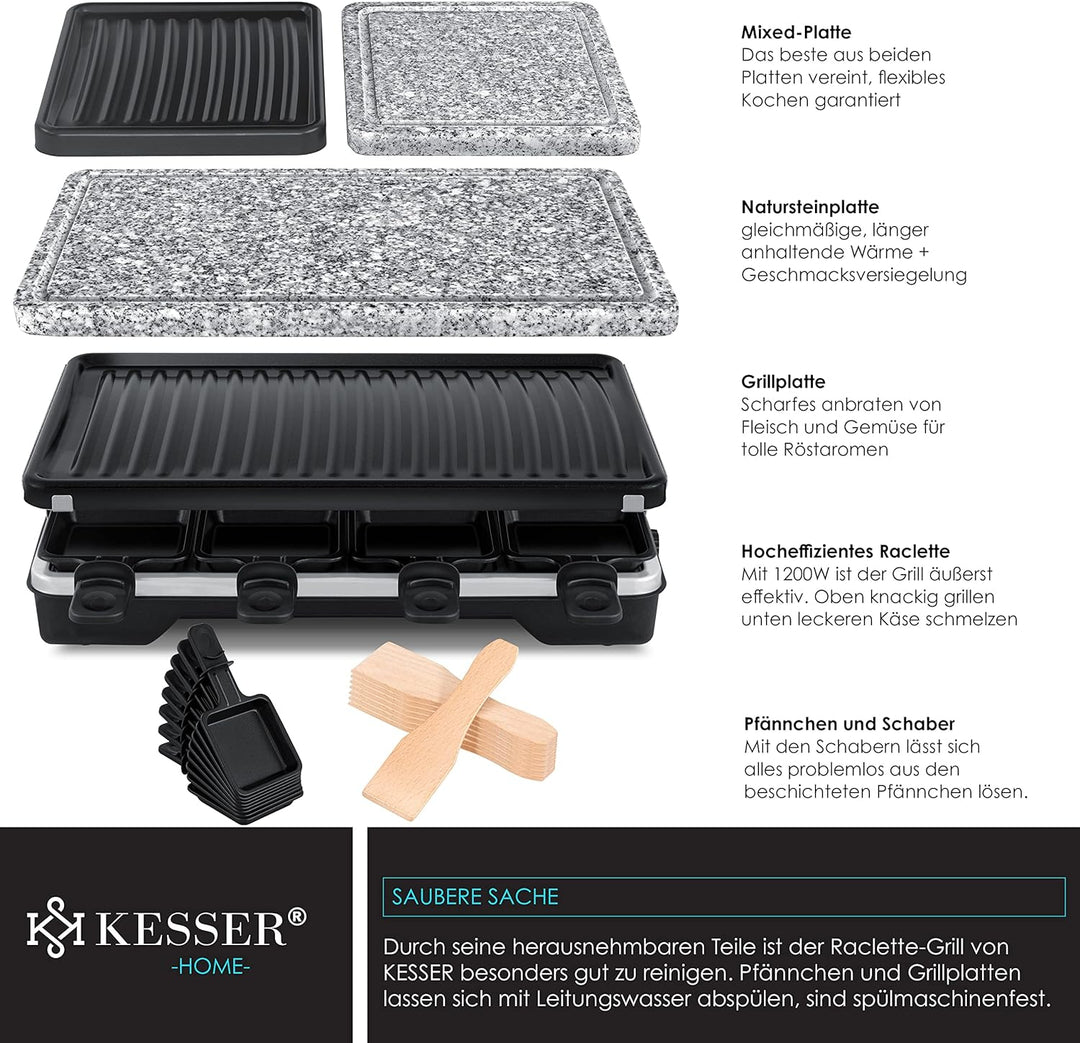 KESSER® Raclette-Grill mit Naturgrillstein, Grillplatte Tischgrill für 8 Personen, Elektrogrill Racl