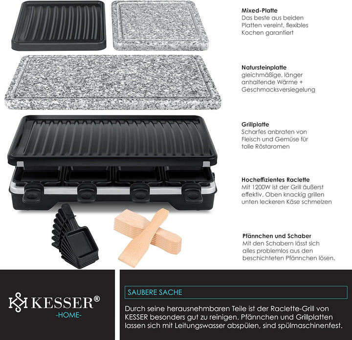 KESSER® Raclette-Grill mit Naturgrillstein, Grillplatte Tischgrill für 8 Personen, Elektrogrill Racl