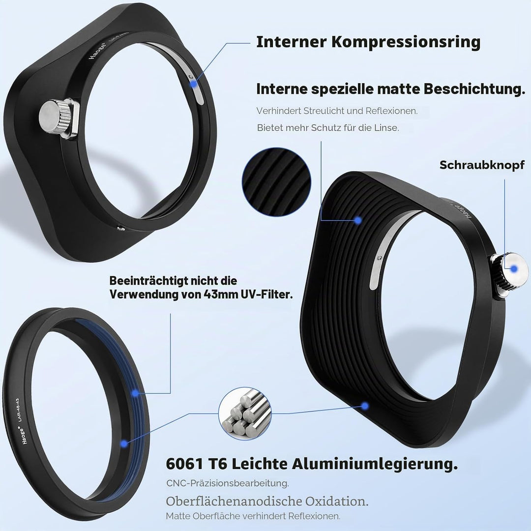 Haoge Gegenlichtblende aus Metall, quadratisch, für Leica D-Lux 8 Kamerazubehör, 43 mm, Schraub-Gege