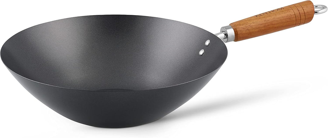 Ken Hom KH331051 Carbonstahl Wokpfanne Set, 31cm, Classic, Nicht-Induktion/Holzgriff/Pfanne mit Flac