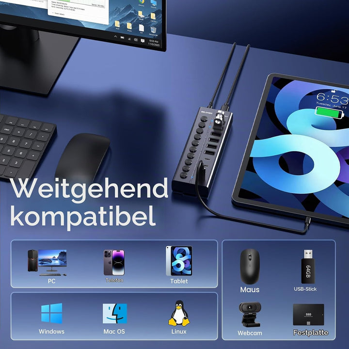 USB Hub mit Netzteil, 10-Port USB 3.2 Gen 2 10Gbit/s Aktiv Hub, Vollaluminium mit 60W (12V 5A) Power
