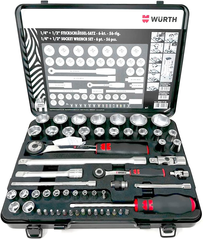 Würth Zebra Steckschlüssel 1/4 + 1/2 Zoll Sortiment 6-kant 56 Teile in Metallkassette Single, Single