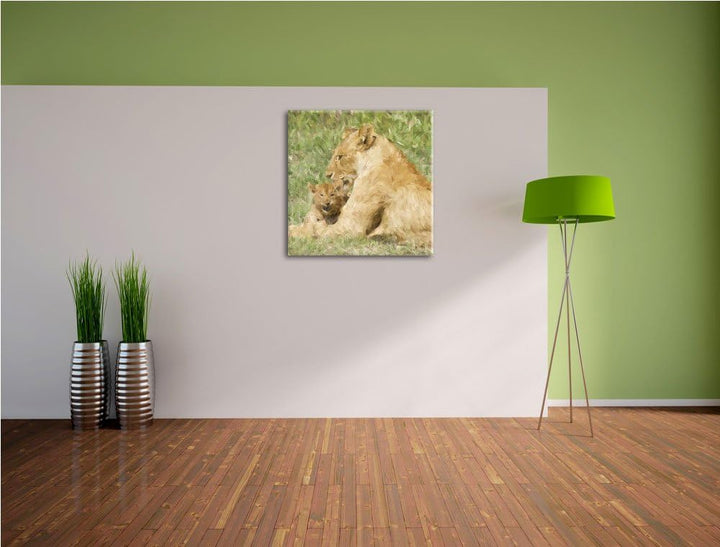 stolzer Löwe in Steppe, Format: 70x70 auf Leinwand, XXL riesige Bilder fertig gerahmt mit Keilrahmen