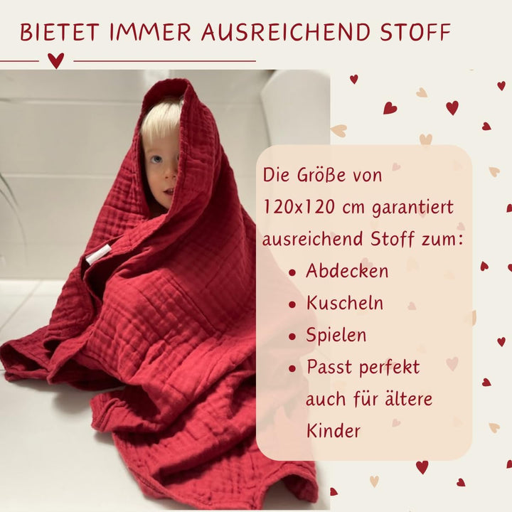 K.A.O.S by T&amp;M Premium Musselin Babydecke/Kuscheldecke/Musselintuch in Rot - Rotes Handtuch Geburt -