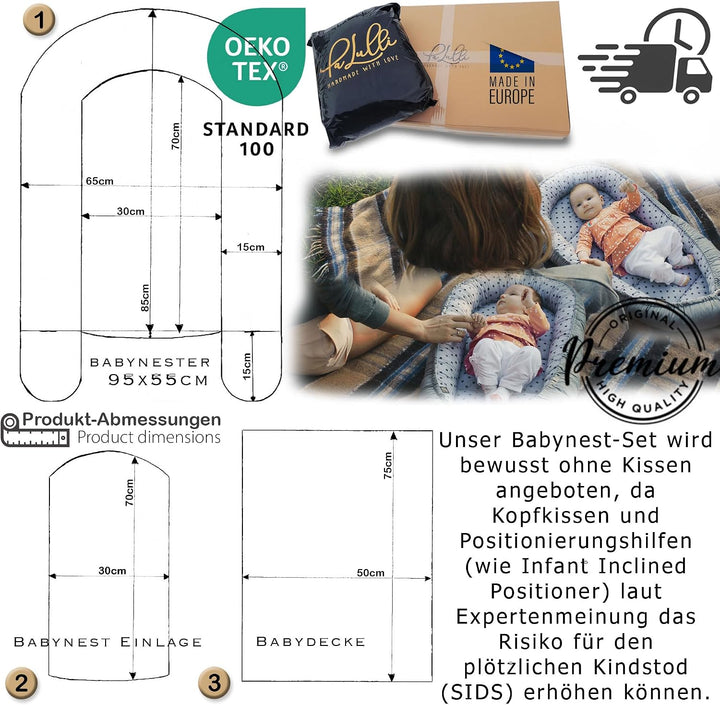 PaLulli 3-TLG Baby Ausstattung-Set Kuschelnest Babynest 95x55cm Baby-Matratze Kuscheldecke Babybett
