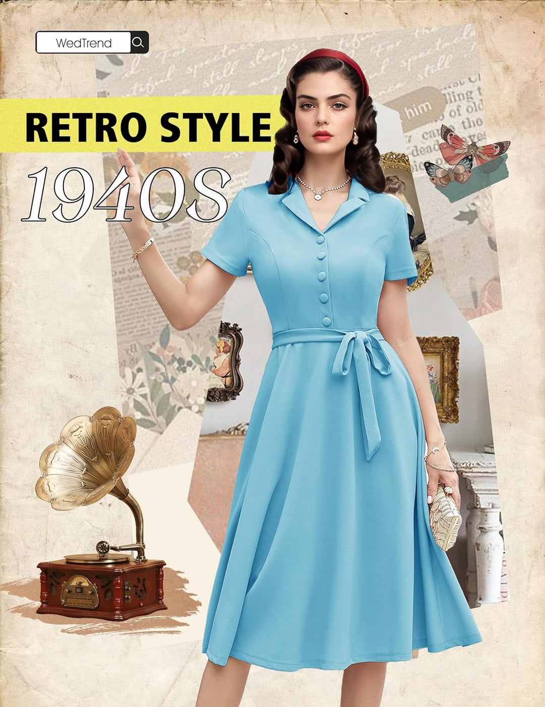 Wedtrend Vintage Cocktailkleid Damen A Linie Midilang V-Ausschnitt Abendkleid Elegant Freizeitkleide