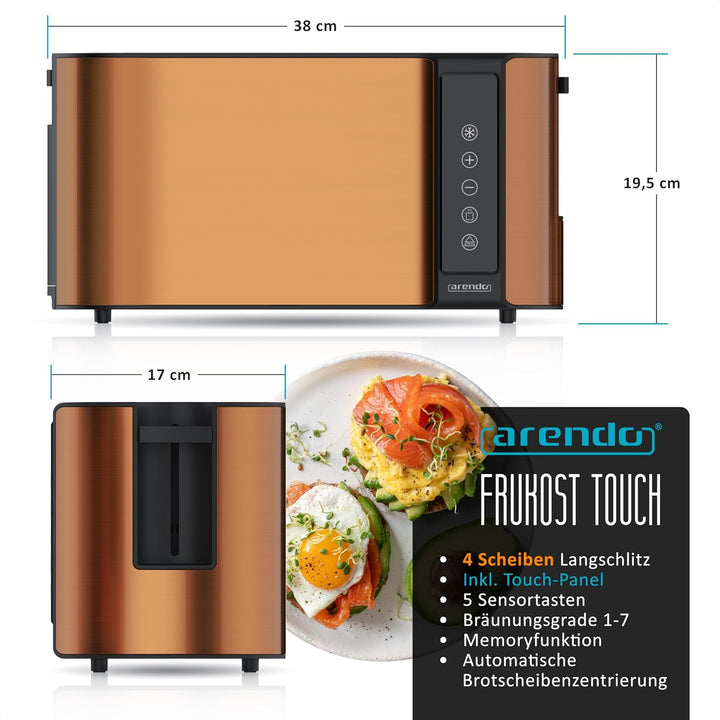 Arendo - Edelstahl Toaster Langschlitz 4 Scheiben- Touchscreen – Doppelwandgehäuse – Integrierter Br