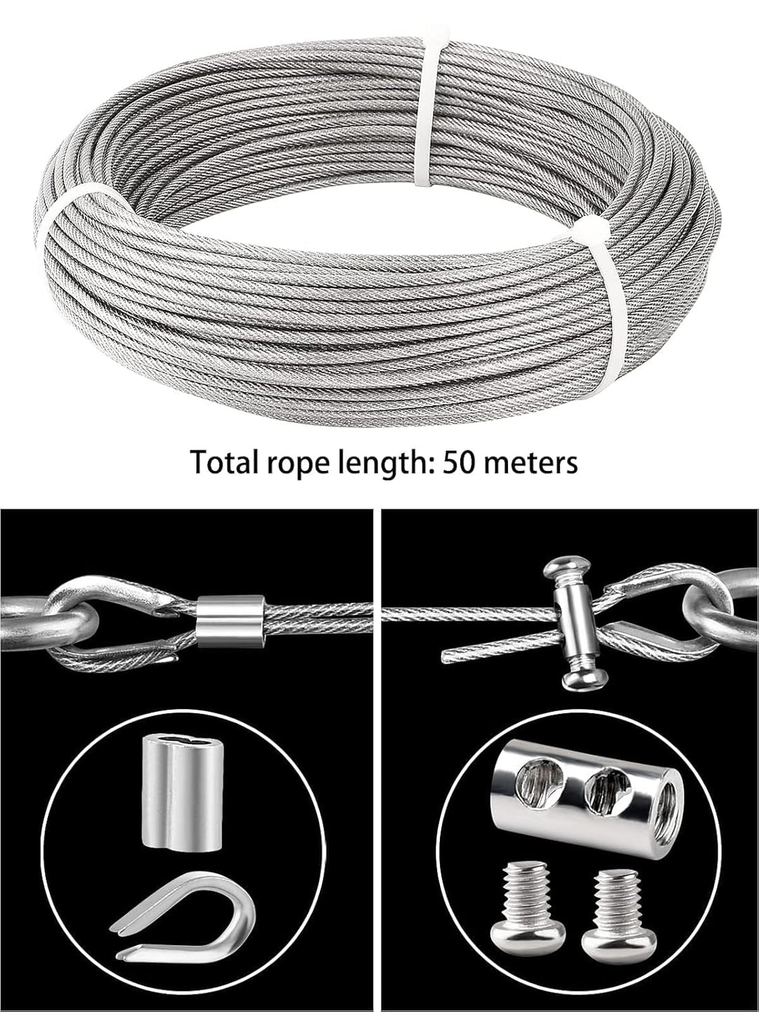 TooTaci 3mm Drahtseil Edelstahl, 50M 3mm Stahlseil ummanteltes -PVC mit M3-Seilendhülsen & Seilklemm