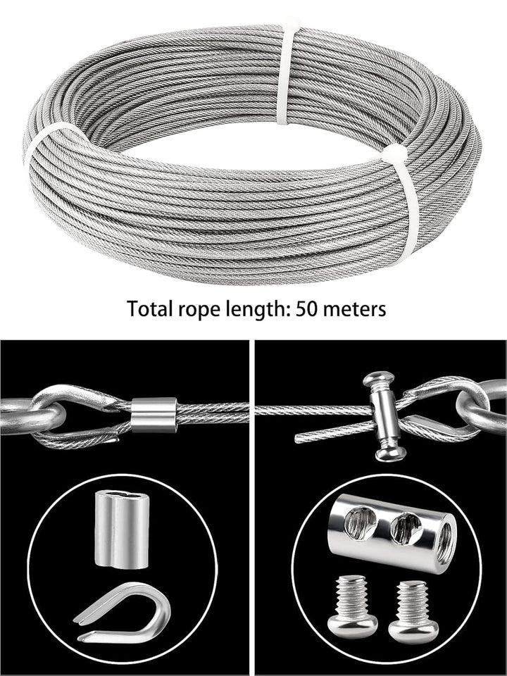 TooTaci 3mm Drahtseil Edelstahl, 50M 3mm Stahlseil ummanteltes -PVC mit M3-Seilendhülsen & Seilklemm