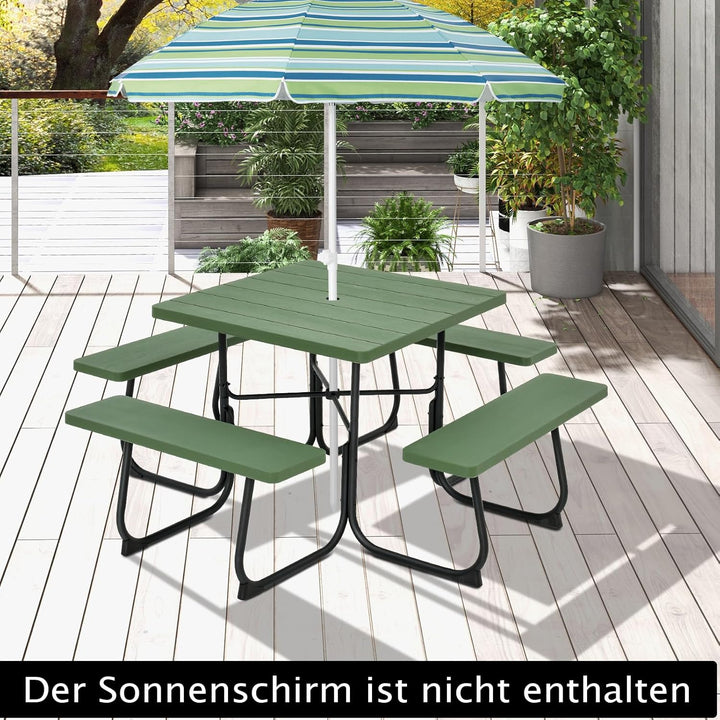 COSTWAY Sitzgarnitur für 8 Personen, Picknicktisch mit Schirmloch & 4 Bänken, quadratischer Gartenti