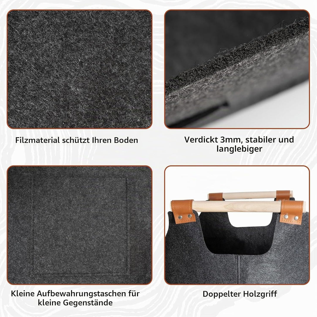 Faltbarer Holzkorb Filztasche 50 x 32 x 40 cm 70L, Korb Aus Brennholz Mit Griff, Extra Dicker Filzko
