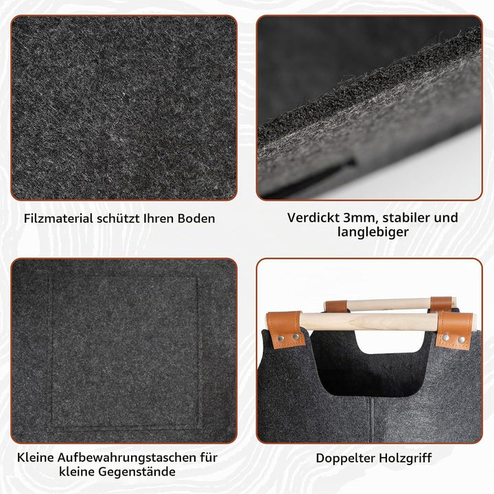 Faltbarer Holzkorb Filztasche 50 x 32 x 40 cm 70L, Korb Aus Brennholz Mit Griff, Extra Dicker Filzko