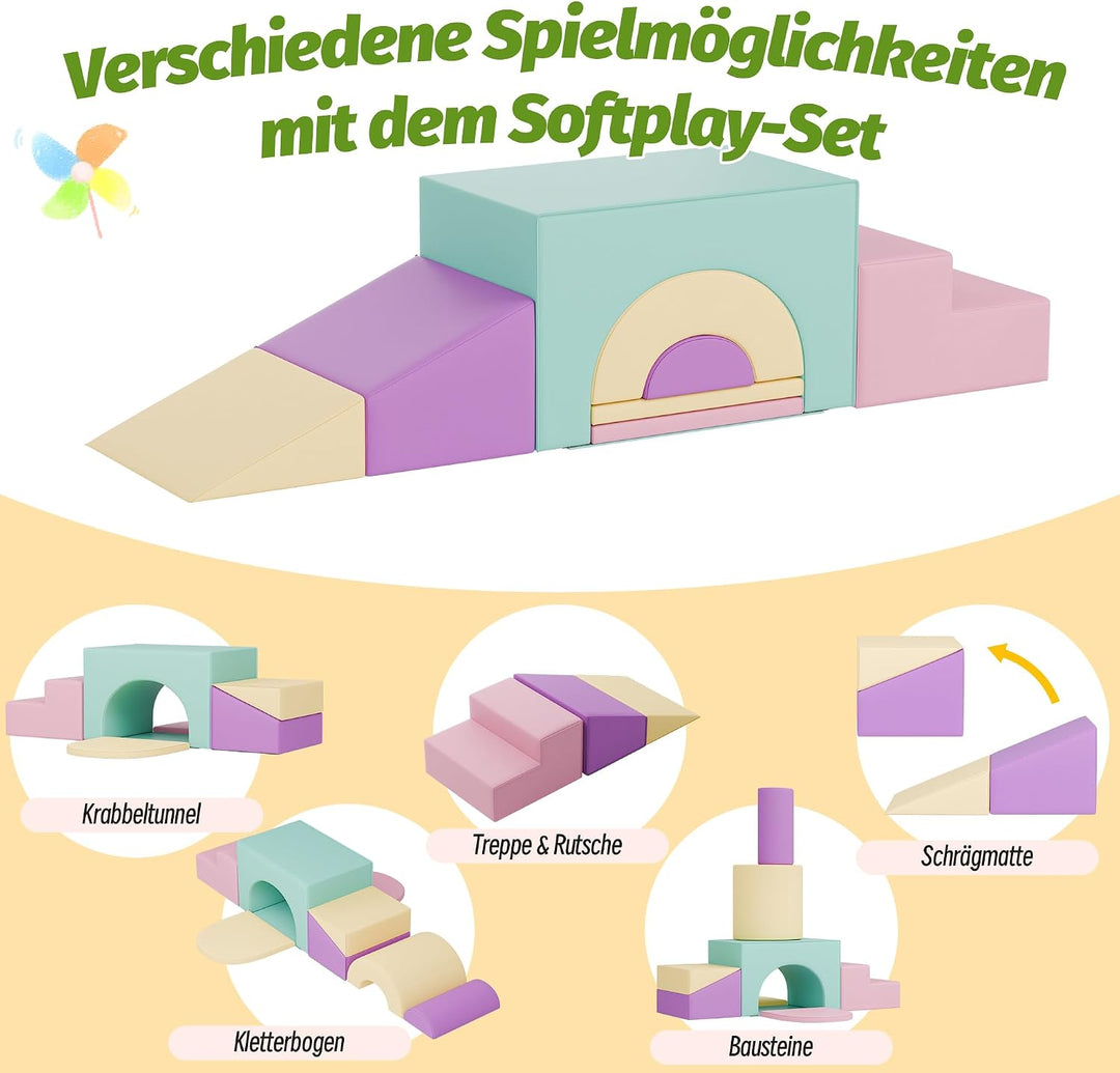Xilingol 7 TLG.Schaumstoff Bausteine Kinder,Wasserfeste Softbausteine aus PU mit Tunne,Treppe &amp; Ramp