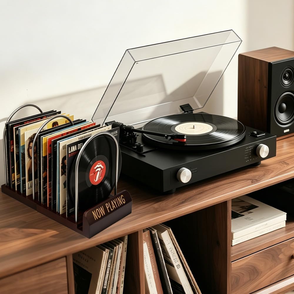 Now Playing Vinyl-Schallplattenständer für Alben,Organizer | Schallplattenständer aus Holz &amp; Metall,
