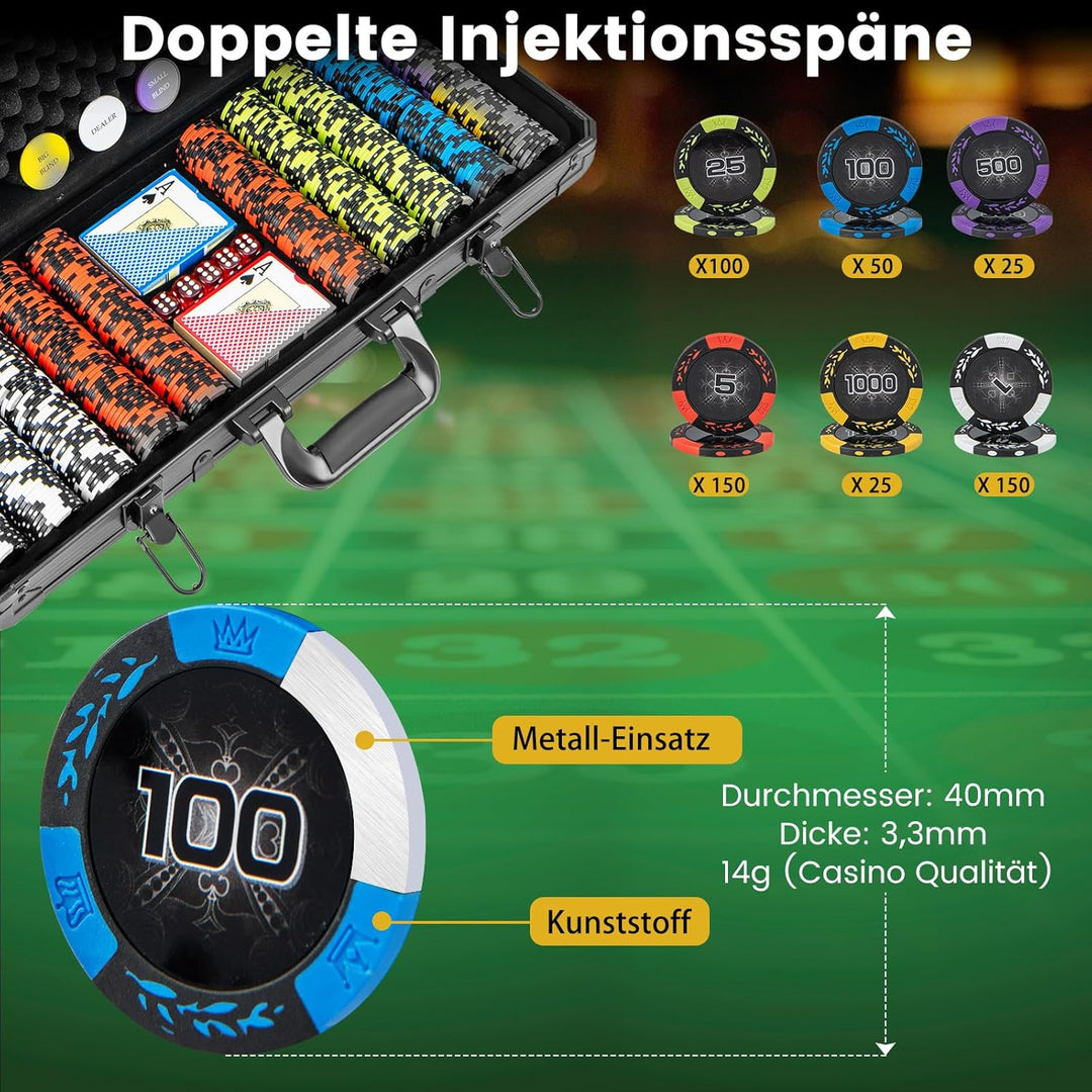 DREAMADE Aluminium Pokerkoffer mit 500 nummerierten Laser Poker Chips/ 2 Pokerkarten Set/ 5 Würfel/