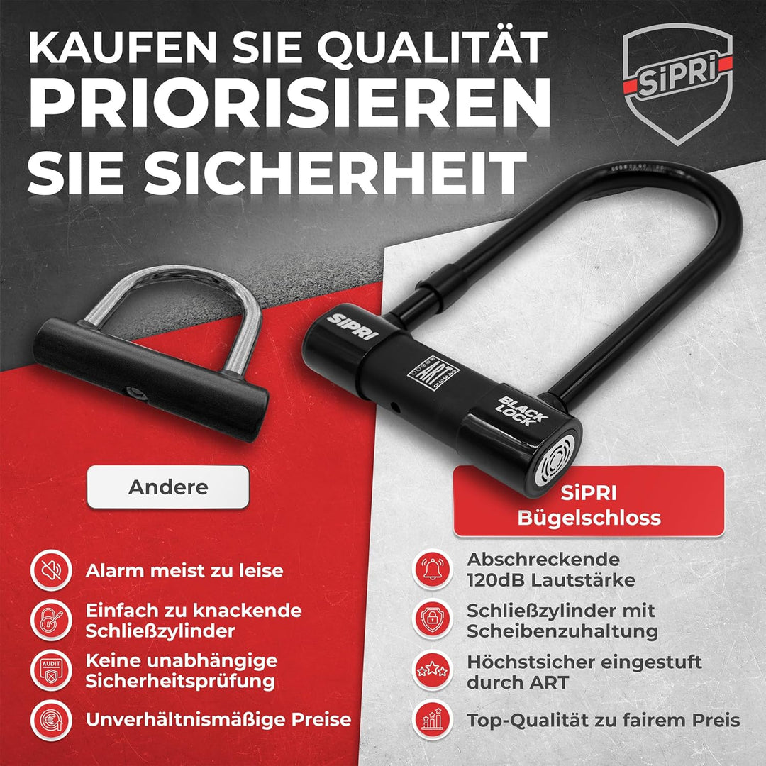 SIPRI® Fahrradschloss mit Alarm 120 dB | Gehärtetes Bügelschloss für E-Bike | E-Scooter & Motorrad |