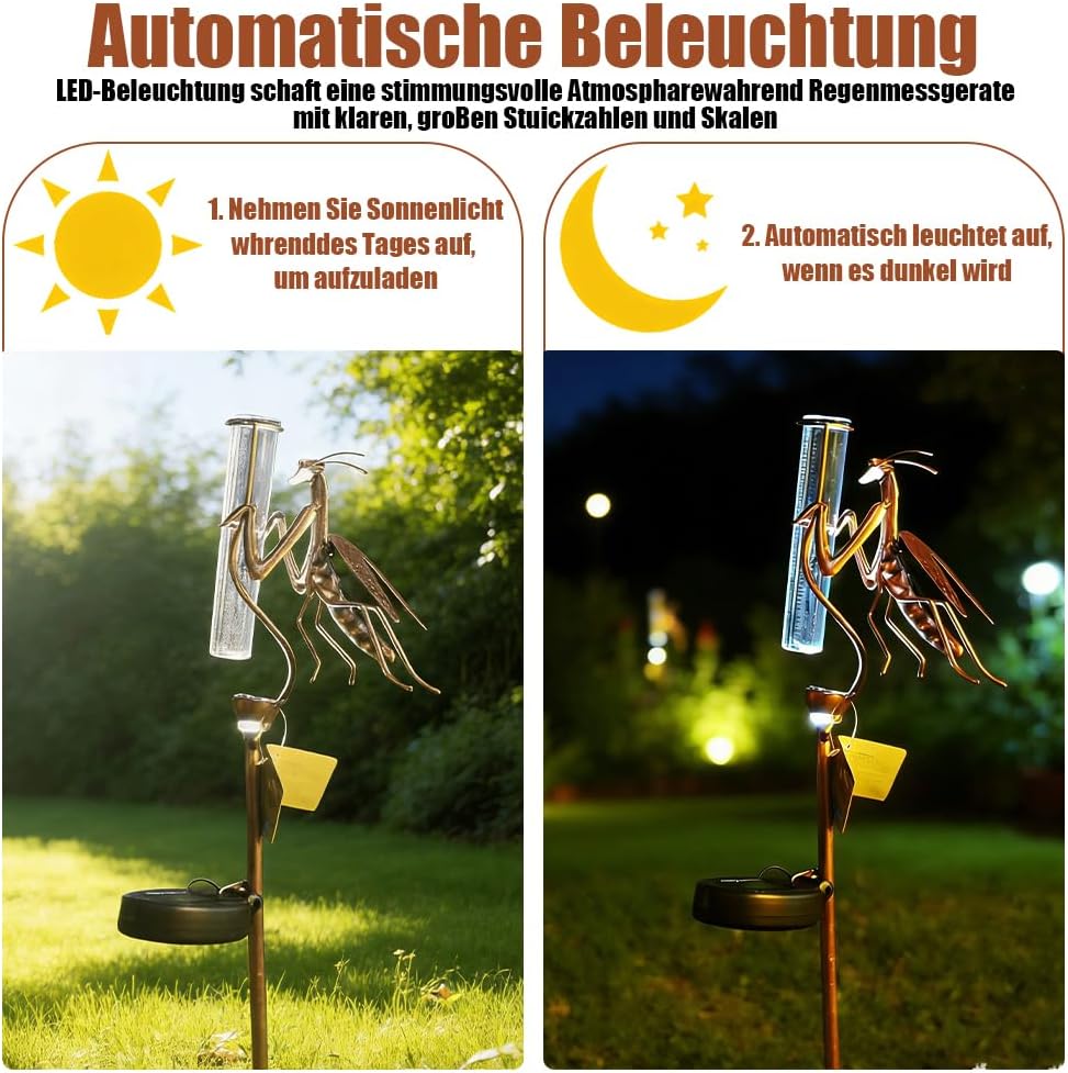 Regenmesser für Garten, Solar Regenmesser für Garten mit Erdspiess und LED, Metall Gottesanbeterin f