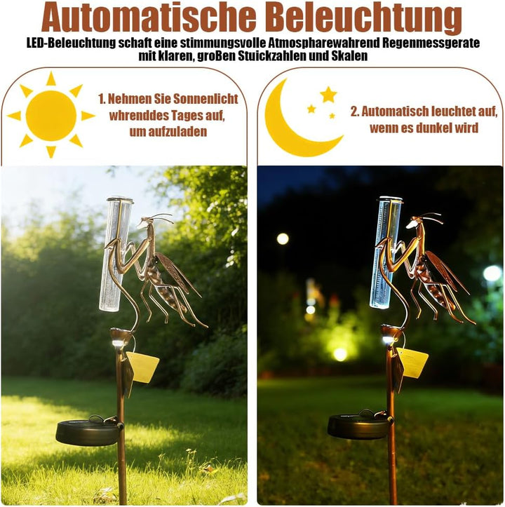 Regenmesser für Garten, Solar Regenmesser für Garten mit Erdspiess und LED, Metall Gottesanbeterin f