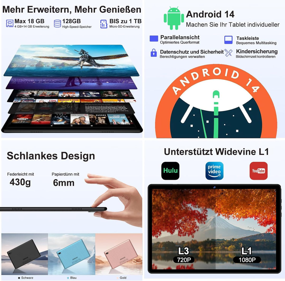 DMOAO Tablet 10 Zoll Android 14 mit 5G WLAN 6, 18 GB RAM + 128 GB ROM(TF 1TB), Widevine L1, Octa-Cor