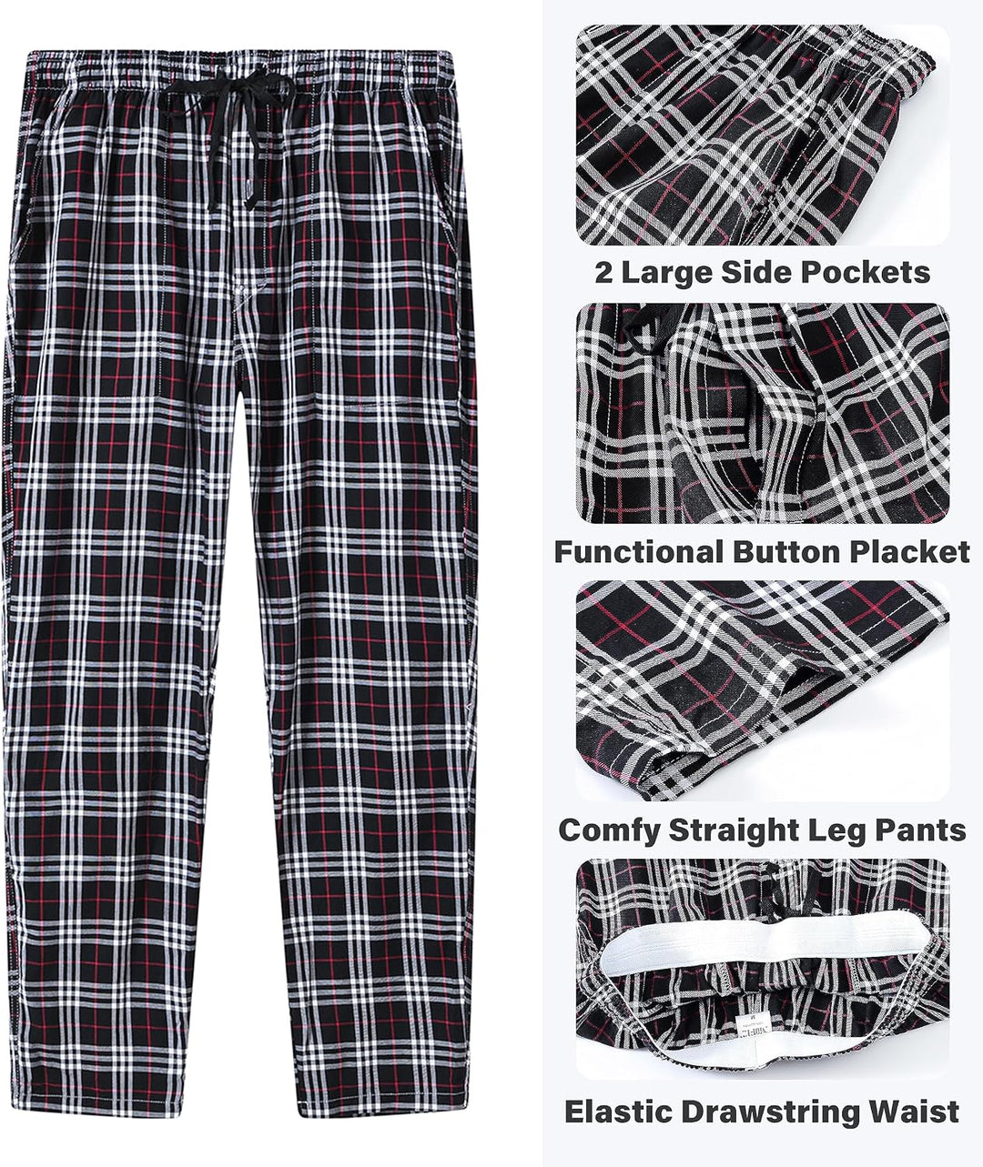 Herren Pyjamahose Warm Lang Baumwolle Weich Schlafanzughose Kariert Winter Nachtwäsche Freizeithose,