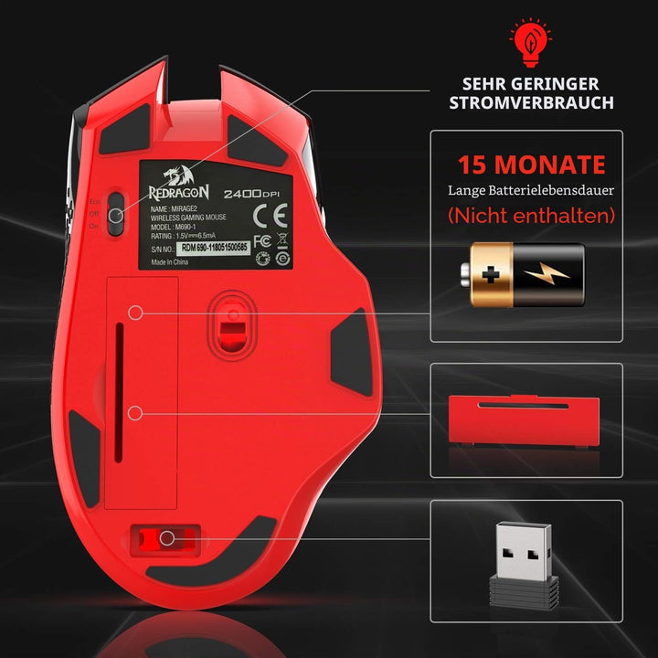 Redragon M690-1 Kabellose Gaming-Maus mit DPI-Schaltung, 2 Seitentasten, 2400 DPI, ergonomisches Des