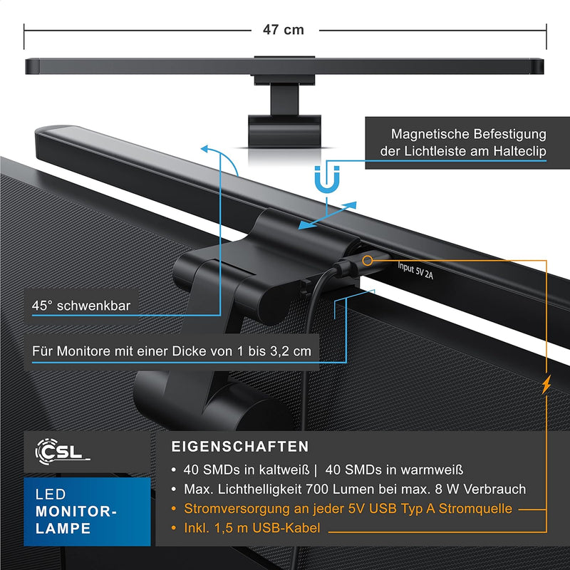 CSL-Computer Monitor Lampe LED dimmbar mit 8 Helligkeits und 3 Farbstufen, USB Monitorlampe mit asym