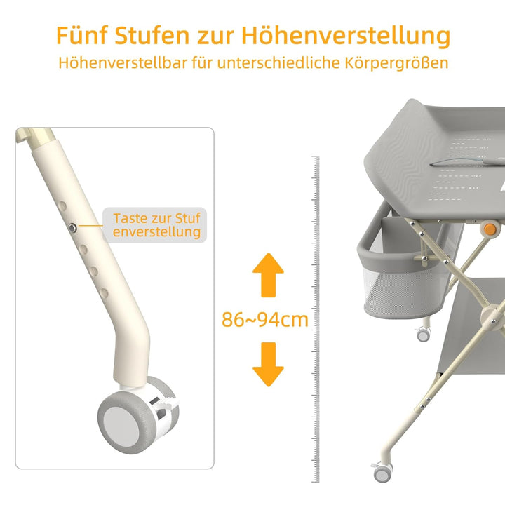Supfine Klappbarer Wickeltisch mit Aufbewahrung, Höhenverstellbar auf 5 Stufen, Mobile Wickeltisch m