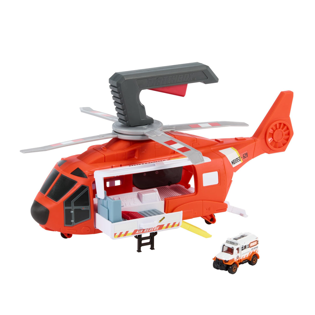 Matchbox Spielzeugauto und Spielset, 40 cm grosser Hubschrauber, der Sich in Rettungsstation verwand