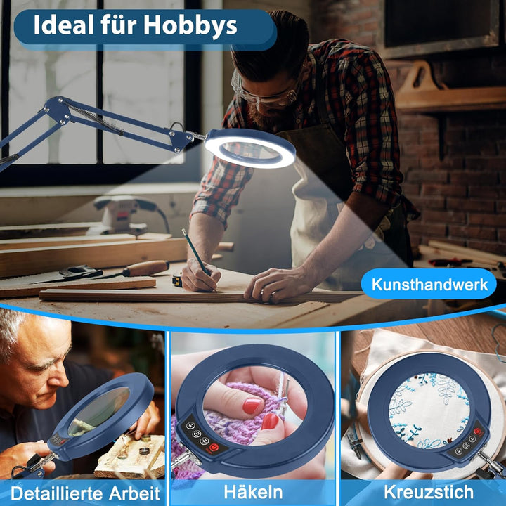 10X Lupe mit Licht und Klemme, LED Lupenlampe mit Glaslinse, 5 Farbmodi Stufenlosem Dimmen, Lupe mit